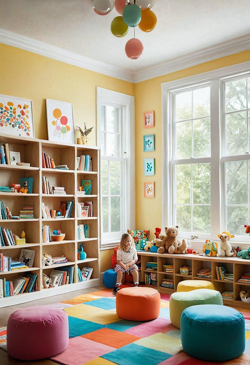 A whimsical, colorful playroom filled with a variety of educational and creative toys, including building blocks, arts and crafts supplies, and puzzles, surrounded by children engaged in imaginative play. Soft sunlight floods the room, highlighting the joyful expressions on their faces. The walls are adorned with vibrant artwork and shelves filled with books. A sense of wonder and creativity fills the air. bright colors. playful illustration. cozy atmosphere.