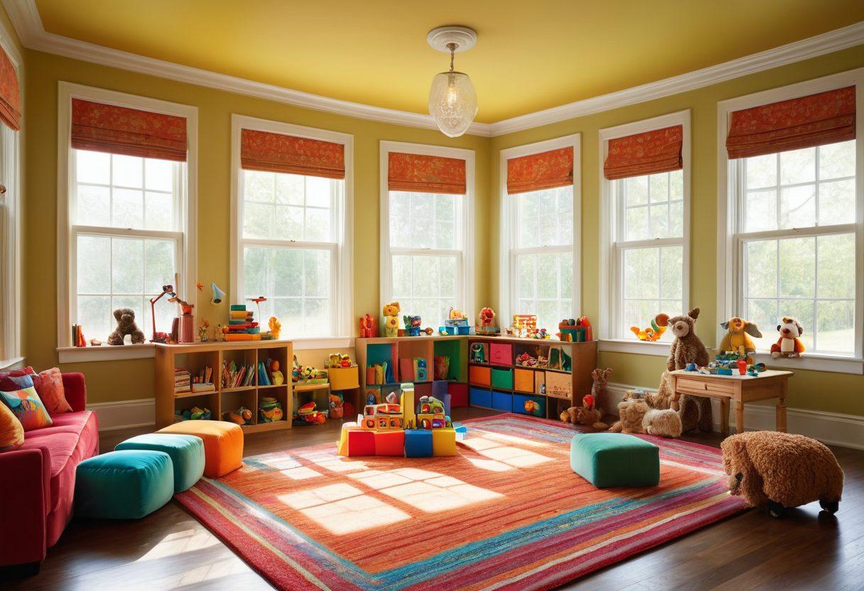 A whimsical scene showing children engaged in imaginative play with colorful, interactive toys that spark creativity. Include a vibrant playroom filled with building blocks, art supplies, and plush creatures, with joyful expressions on the kids' faces. Soft, natural light filtering through a window enhances the warmth of the space. Capture a sense of wonder and exploration. bright colors. super-realistic.