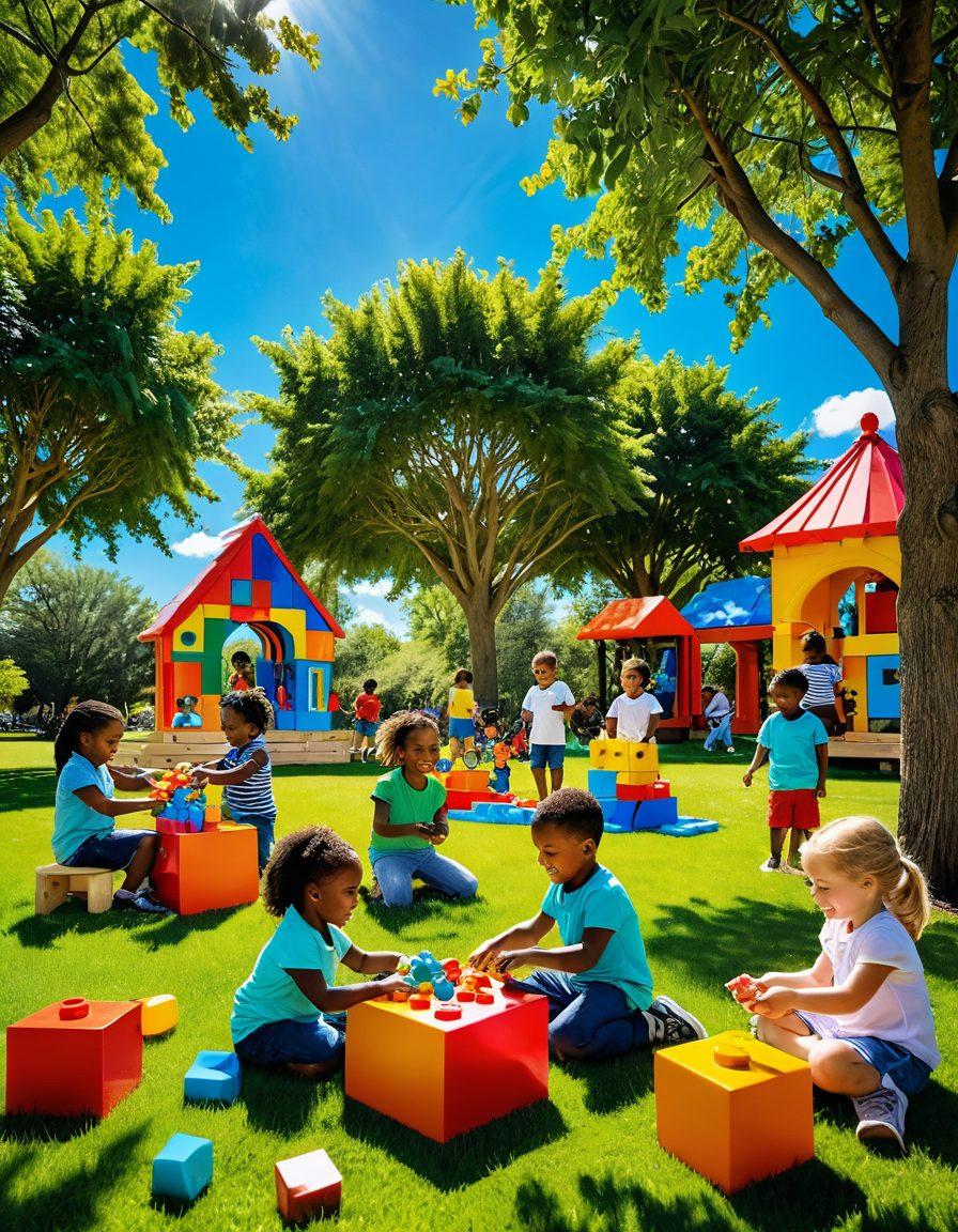 A cheerful scene featuring a diverse group of children playing with an array of colorful, interactive toys under a bright blue sky. The toys should include building blocks, robotic kits, and outdoor games, showcasing creativity and fun. Include elements of nature like trees and sunshine to evoke a sense of adventure. The children should be laughing and engaging with each other, embodying joy and exploration. vibrant colors. super-realistic.